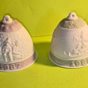 Pair of Lladro 1987 & 1988 Christmas Bell Porcelain Ornament - Vintage Retired